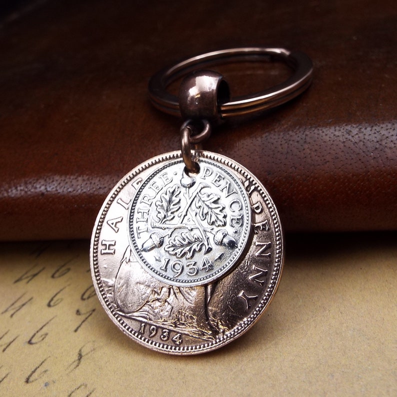 1934 British Threepence Ha'penny Double Coins Keyring UK 90th Birthday Gift Birthyear Keepsake Keyring for Men Women Him Her Upcycle Recycle image 1