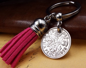 1958 Sixpence Pink Tassel Lucky Coin Keyring Birth Year Keepsake 68th Birthday Gift Anniversary Present Retirement Idea Him Her Men Women UK