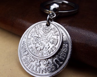 1962 'Two And Six' Double Coins Keyring, 2 Shillings and Sixpence, 64th Birthday Gift
