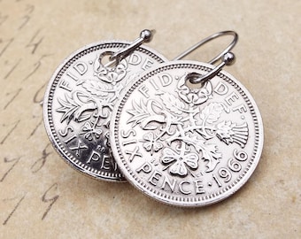 1966 Genuine Sixpence Coin Drop Earrings 60th Birthday Gift Steel Fish Hook Earwires