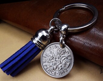 Blue Tassel 1962 Lucky British Sixpence English Coin Keyring 62nd Birthday Gift BirthYear Momento Keepsake Keychain His Hers UK