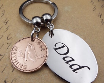 1944 Farthing DAD Keyring 80th Birthday Gift Present Idea Birth Year Bronze Coin Recycled Upcycled Vintage Fathers Day Keepsake Men Him UK