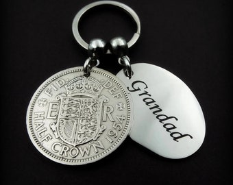 GRANDAD 1954 Half Crown British Coin Keyring 70th Birthday Gift Birth Year Metal Antique Keepsake Charm Keychain For Men Him Fathers Day UK