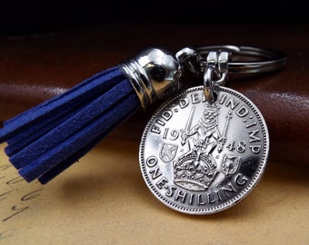 Blue Tassel 1948 Scottish Shilling Coin Keyring 76th Birthday Gift Birth Year Born In Upcycle Keepsake Present Idea Men Women Him Her in UK
