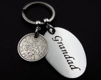 1954 Sixpence Keyring GRANDAD 70th Birthday Gift Lucky British Birth Year Keepsake Antique Vintage Coin Keychain Grandparent Fathers Day UK