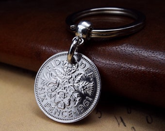 1961 UK British Lucky Sixpence Coin Keychain  65th Birthday Gift