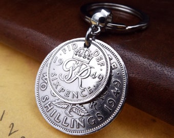 1949 'Two And Six' Double Coins Keychain 75th Birthday Gift 2 Shillings and Sixpence,