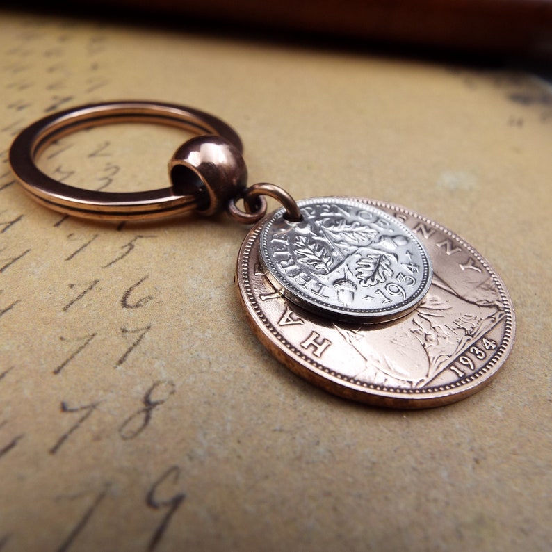 1934 British Threepence Ha'penny Double Coins Keyring UK 90th Birthday Gift Birthyear Keepsake Keyring for Men Women Him Her Upcycle Recycle image 6