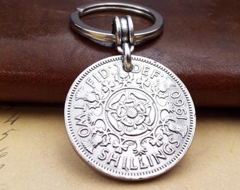 66th Birthday Gift 1960 UK 2 Shilling Florin Coin Keyring British Coin Keychain Birth Year Keepsake Present for Men Women Born UK in 1960