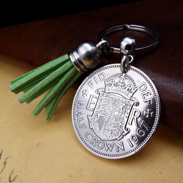 57th Birthday Gift Pale Green Tassel 1967 British Half Crown Coin Keychain. BirthYear Memory Keepsake Keyring