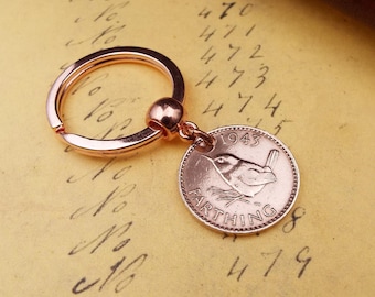 1943 COMPLETE DATE British Farthing Old Vintage Wren Coin Keychain 75th Birthday Gift. Boxed