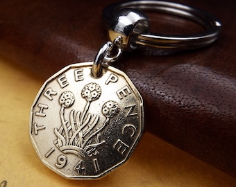 1941 British Brass Threepence Coin Keyring  85th Birthday Gift For Him Her Keepsake Keyring