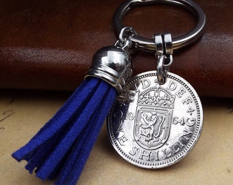 1964 Scottish Shilling Blue Tassel Coin Keyring 60th Birthday Gift Birth Year Keepsake Small Sentimental Present Him Her Military Xmas UK