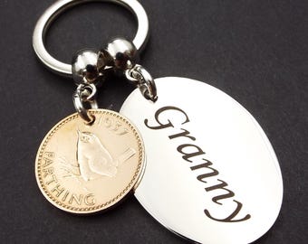 1937 Farthing GRANNY Bronze Coin Keyring Unique Original 89th Birthday Gift