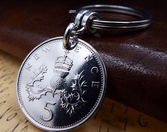 1971 British Five New Pence 5p Coin Keyring 55th birthday gift