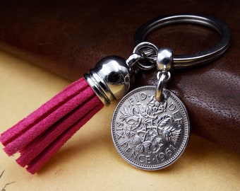 63rd Birthday Gift 1961 Lucky British Sixpence Pink Tassel English Coin Keyring Birth Year Momento Souvenir Keychain