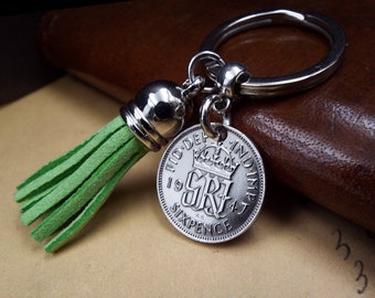 77th Birthday Gift 1947 Sixpence Pale Green Tassel Keyring Lucky British Coin Keychain Birthyear Keepsake Present Him Her Men Women In UK