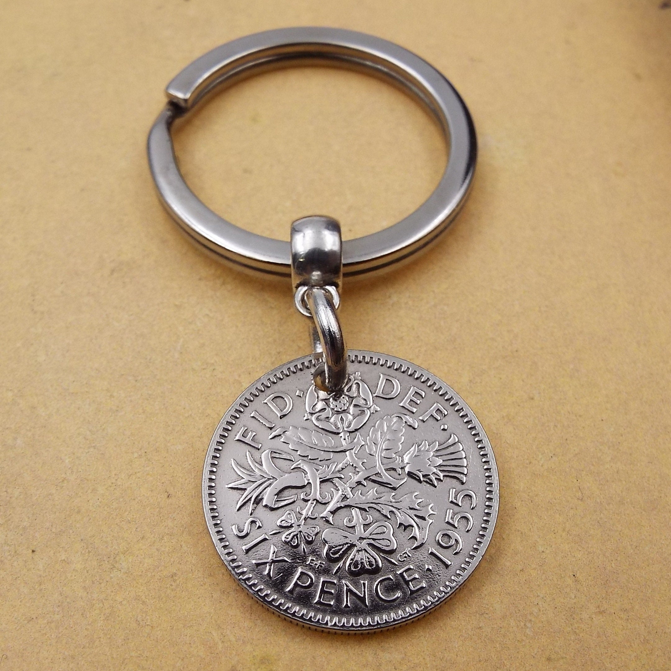 1955 70th Birthday Sixpence Coin Keyring - Pre-Decimal Silver Coin - Drilled