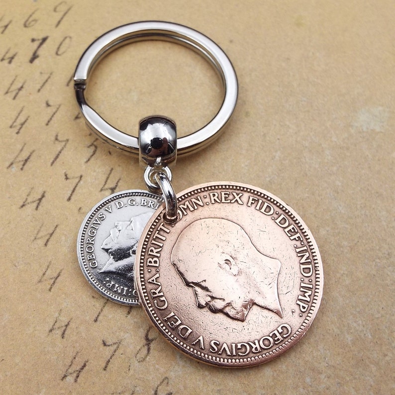 1934 British Threepence Ha'penny Double Coins Keyring UK 90th Birthday Gift Birthyear Keepsake Keyring for Men Women Him Her Upcycle Recycle image 8