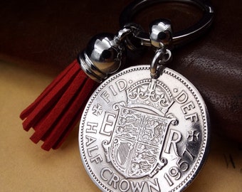 1957 Half Crown Tassel Coin Keyring 67th Birthday Gift Anniversary Present for Men Women Him Her Born In 1957 Colour Choice Keepsake Gift