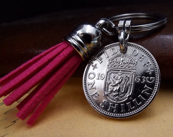 1963 Scottish Shilling Pink Tassel Coin Keyring 61st Birthday Gift Birth Year Present Upcycled Keepsake Anniversary Him Her Men Women UK