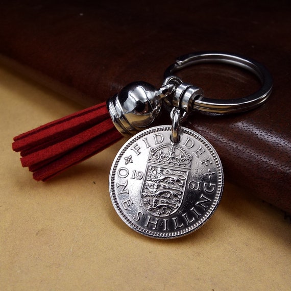 Retirement Keyring Men 65th Birthday Gift 1961 English Shilling Red Tassel Coin Keychain, Metal  Keyring, Retirement Anniversary Present, Men Women UK