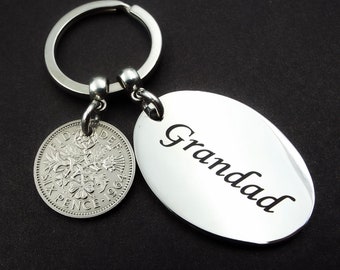 1964 GRANDAD Sixpence Keyring 60th Birthday Gift Upcycled Vintage Lucky Keepsake British Coin Keychain For Him Men Grandparent Present Idea