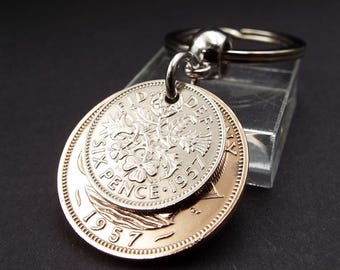 Original 1957 British Sixpence Ha'penny Double Coin Keyring 69th Birthday Gift Small Sentimental Birth Year Keepsake Him Her Men Women UK