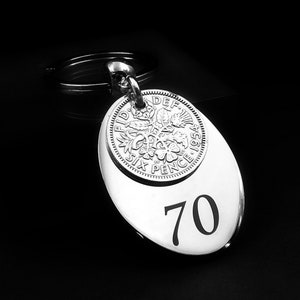 1954 70th Birthday Gift Sixpence Coin Keyring Stainless Steel Tag Small Sentimental Keepsake Nostalgic Anniversary Present Idea Men Women UK Bild 1
