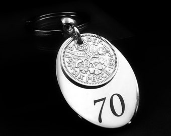 1954 70th Birthday Gift Sixpence Coin Keyring Stainless Steel Tag Small Sentimental Keepsake Nostalgic Anniversary Present Idea Men Women UK