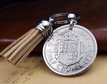 1954 Half Crown Coin Keyring BEIGE Tassel British Coin Anniversary Present Retirement Idea for Men Women Him Her 70th Birthday Gift in UK