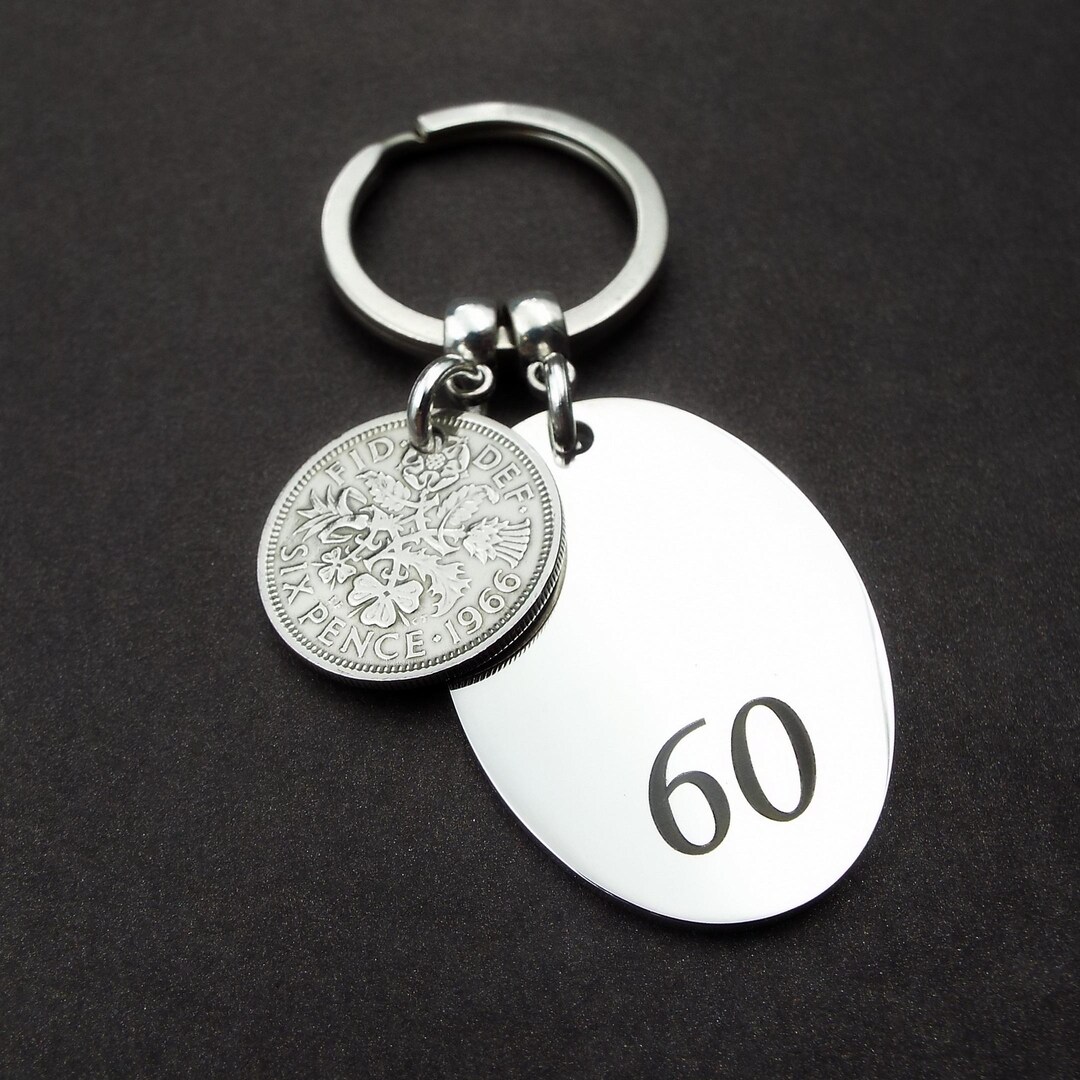 60th Birthday Keyring: 1966 Sixpence, Engraved Tag, Lucky Coin Gift - Etsy