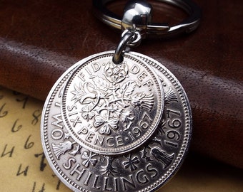 1967 'Two And Six' Double Coins Keyring 57th Birthday Gift 2 Shillings and Sixpence