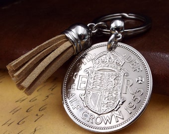 1953 UK Half Crown Coin Beige Tassel Keyring – 73rd Birthday Birth Year Keepsake Souvenir For Men Women Fast Dispatch Letterbox Friendly