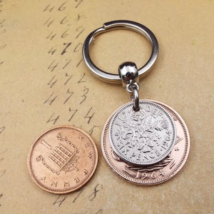 Original 1964 British Sixpence Ha'penny Double Coin Keyring 60th Birthday Gift Small Sentimental Birth Year Keepsake Him Her Men Women UK image 3