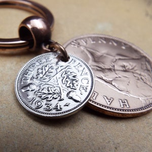 1934 British Threepence Ha'penny Double Coins Keyring UK 90th Birthday Gift Birthyear Keepsake Keyring for Men Women Him Her Upcycle Recycle image 5