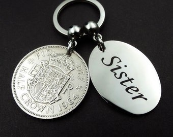 1964 Half Crown Coin SISTER Keyring 60th Birthday Gift Vintage Birth Year Born In Recycled Keepsake UK British Antique Women Her Mothers Day