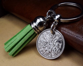 1957 Sixpence Keyring Colour Choice Tassel Lucky Sixpence Anniversary 67th Birthday Gift Him Her Red Blue Green Mauve Pink Black Beige Teal