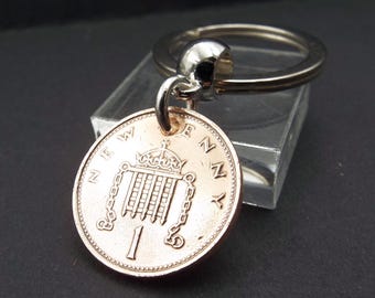 1977 British Penny Coin Keyring – Vintage Birth Year Keepsake Him Her