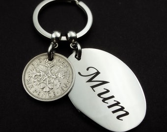1964 MUM Lucky Sixpence Keyring 60th Birthday Gift Upcycled Vintage Keepsake British Coin Keychain Mothers Day Women Her Present Idea UK