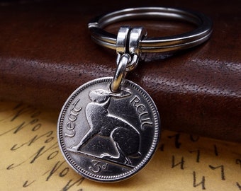 1963 Small Irish 3 Pence Keychain Coin Gift Pagan Hare Rabbit  61st Birthday Gift