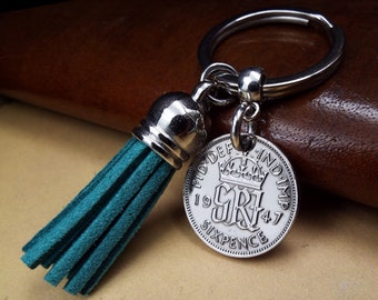 1947 Lucky British Sixpence English Coin Tassel Keyring 76th Birthday Gift Ideas Women Men Red Green Black Teal Mauve Pink Colour Choice  2