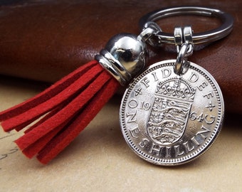 Red Tassel 1964 English Shilling Coin Keyring 60th Birthday Gift Birth Year Keepsake Present Military Small Sentimental Him Her Men Women UK