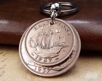 1937 British Penny Ha'penny Double Coins Keyring UK 89th Birthday Gift Birthyear Keepsake Keyring Men Women Fast Dispatch Letterbox Present