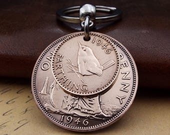 1946 Original Design Penny Farthing Double Coins Keyring UK 80th Birthday Gift Birthyear Keepsake Keyring Men Women Fast Dispatch Letterbox