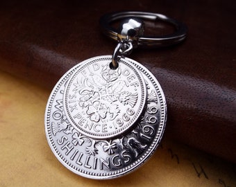 1966 'Two And Six' Double Coins Keyring  60th birthday gift, 2 Shillings and Sixpence