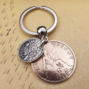 Porte-clés double pièces 3 pence Ha'penny britannique 1934 Royaume-Uni 90e anniversaire cadeau souvenir d'anniversaire porte-clés pour homme femme lui-même recyclage recyclage image 4