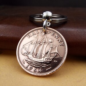 1964 British Bronze Ha'penny Half Penny Coin Keyring 62nd Birthday Gift Him Her Men Women Anniversary Present Retirement Idea Ship UK