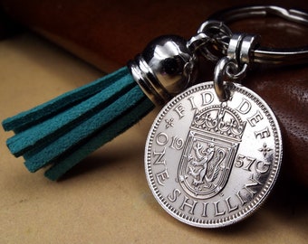 67th Birthday Gift 1957 Teal Tassel Scottish Shilling Birth Year UK Coin Keyring Metal Keychain Anniversary Keepsake Idea Men Women Him Her