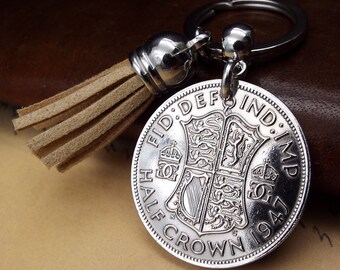 1947 UK Half Crown Beige Tassel Coin Keyring Upcycled Recycled Vintage Birth Year Keepsake 77th Birthday Gift Men Women Him Her UK